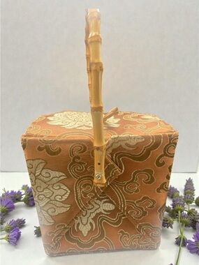Tan Brocade Chinese takeout Basket with Bamboo Handle